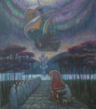 Edward Tabachnik; Garden Of Eden Ship Of Souls, 2008, Original Painting Oil, 36 x 30 inches. Artwork description: 241    New style: Romantic Expressionism.Series: Ancient Musical Instruments. Arrival of Souls. Tree of Life.72 Names of God. Ancient musical instrument. Aurora Borealis....
