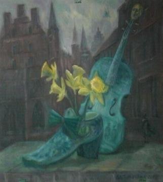 Edward Tabachnik; Shoe Blue Violin With Art..., 2007, Original Painting Oil, 20 x 22 inches. Artwork description: 241  New style: Romantic Expressionism.Delftware at Musical Museum in Antverpen. Blue violin and shoe by delft ceramics.Oil on the panel. ...