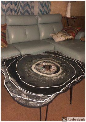 Elizabeth Ansel; The Geode Coffee Table, 2020, Original Sculpture Other, 39 x 20 inches. Artwork description: 241 The black and silver geode table is a masterpiece by ET and is adorned with genuine quartz crystals.  The black is surrounded by a dark silver and white for contrast. It is 20aEUR tall, 30x 40 surface of epoxy resin on plywood 1aEUR.  Four hairpin legs complete ...