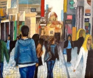Evangelos Tzavaras; Ermou Street, 2014, Original Painting Acrylic, 48 x 42 cm. Artwork description: 241  Ermou str. is the most famous shopping area in Athens.My intention is to paint the feeling you have when you are looking to this street from the start of the road. Also i was impressed by the different advertisement signs. The colours they have the shapes ...