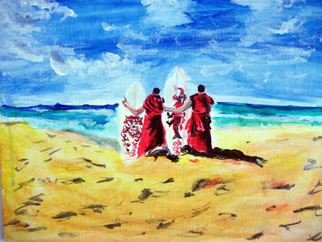 Ina Jinapaia; Monks With Surf Boards, 2014, Original Painting Acrylic, 11 x 14 inches. Artwork description: 241      Monks with surf boards on beach    ...