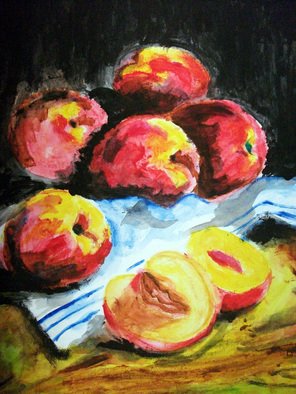 Ina Jinapaia; Still Life With Peaches, 2014, Original Painting Acrylic, 11 x 14 inches. Artwork description: 241      Still life with peaches on tablecloth       ...