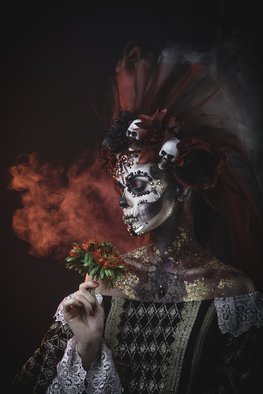 Sergii Zarev; Santa Muerte Girl, 2018, Original Photography Color, 96 x 144 cm. Artwork description: 241 Santa Muerte Young Girl with Artistic Halloween Makeup and with Sculls in her Hair...