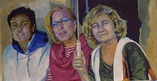 Felipe San Pedro; Three Friends , 2014, Original Painting Oil, 80 x 42 cm. Artwork description: 241  three woman  under the rain         ...