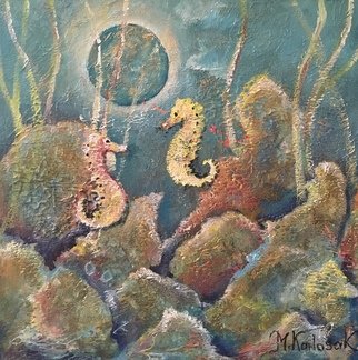 Maria Karlosak; Seahorses, 2020, Original Painting Acrylic, 10 x 10 inches. Artwork description: 241 This painting is made with textured paste and acrylic  paint on a small 12  x 12  gallery wrapped canvas . Sea- life is my favorite subject to paint ...