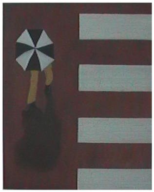 John Fields; Rain Crossing, 2002, Original Painting Oil, 18 x 24 inches. Artwork description: 241 Birdseye view of man with umbrella crossing rain- slick street. ...