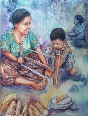 Thinn  Thinn; Helping Mom, 2018, Original Mixed Media, 18 x 24 inches. Artwork description: 241 woman, kid, thanakha tree, pattern, color...