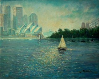 Fred Marsh; Into The Light , Cremorne..., 2007, Original Painting Oil, 10 x 8 inches. Artwork description: 241  A sailing ship just enters the patch of light as it moves toward the harbour ...
