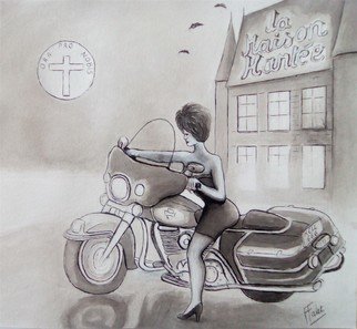 Francois Falet; Harlady, 2017, Original Drawing Ink, 28 x 26 cm. Artwork description: 241 a woman on a motorbike in the night...