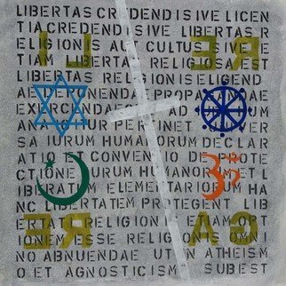 Jose Freitascruz; Re Li Ga Re, 2018, Original Painting Acrylic, 50 x 50 cm. Artwork description: 241 commission for the 44th celebration of the portuguese revolution - freedom of religion - with the charter of the UN in the background. . . ...