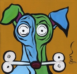 Jan A. Bruso - Sullivan; My Bone, 2007, Original Painting Acrylic, 6 x 6 inches. Artwork description: 241  My crazy rendition of dogs~ See my entire collection of dogs that I have created for people.  I can create a fun painting ofr you of your pet ~ Currently taking commision work. ...