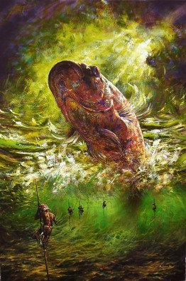 Gabriel Bodnariu; Fishing, 2015, Original Painting Oil, 151 x 101 cm. Artwork description: 241  , art, , painting, dream , surrealist, , painting, flying, flamish painting technique...