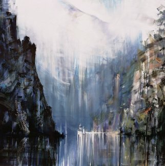 Gabriel Bodnariu; Danube River, 2017, Original Painting Oil, 140 x 140 cm. Artwork description: 241  River, Water, Danube, Foggy, Mountains, art, gallery, ...