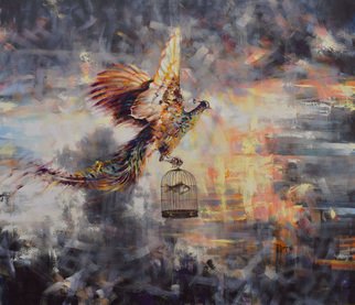 Gabriel Bodnariu; The Courier, 2016, Original Painting Oil, 150 x 120 cm. Artwork description: 241 art, gallery, flying , bird, fish, clouds, light, ...
