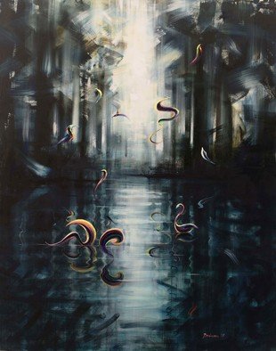 Gabriel Bodnariu; The Spirits Of The Forest, 2017, Original Pastel Oil, 120 x 150 cm. Artwork description: 241 Reflection, Sunset, Trees, Water, Forest, Light, sPririts, art, gallery. ...