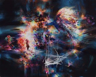 Gabriel Bodnariu; The Story, 2018, Original Painting Oil, 150 x 120 cm. Artwork description: 241 Peacock, Dream, Flying, Art, Puppet Theater, Light, Night...