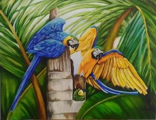 Eliana Molnar; The Baby Of The Macaws, 2020, Original Painting Acrylic, 80 x 60 cm. Artwork description: 241 Tropical colored feathered macaws fly freely through nature. . . but these have a baby to bring us even more joy in the world...