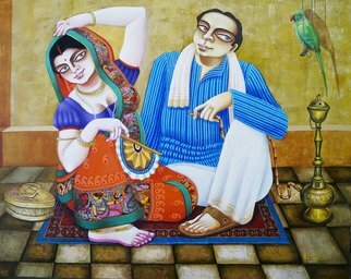Gautam Mukherjee; Babu Bibi, 2021, Original Painting Acrylic, 48 x 60 inches. Artwork description: 241 Calcutta old culture for hasband and wife...