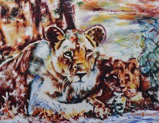 George Mulaudzi; Lioness And Cub, 2021, Original Painting Oil, 83.8 x 95.8 cm. Artwork description: 241 oil on canvas...