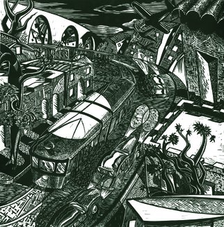 Geo Sipp, 'Trams In Algiers', 2012, original Printmaking Woodcut, 18.5 x 18.5  inches. Artwork description: 1911  Trams in Algiers is a woodcut, illustrating an abstracted view of the city of Algiers during the French- Algerian War. The image is part of a graphic novel entitled Wolves in the City, which I am currently illustrating. ...