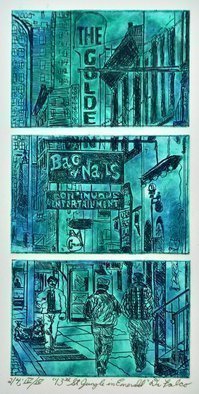 Jerry  Di Falco, '13st Jungle In Emerald Fog', 2020, original Printmaking Etching, 16 x 20  x 0.5 inches. Artwork description: 3099 Entitled, aEURoeTHIRTEENTH STREET IS A JUNGLEaEUR, this unique DiFalco etching displays a triptych like design due to the employment of three zinc etching plates, all positioned on the printing press bed in a vertical format.  This print is from the FINAL EDITION of FOUR, and each edition ...