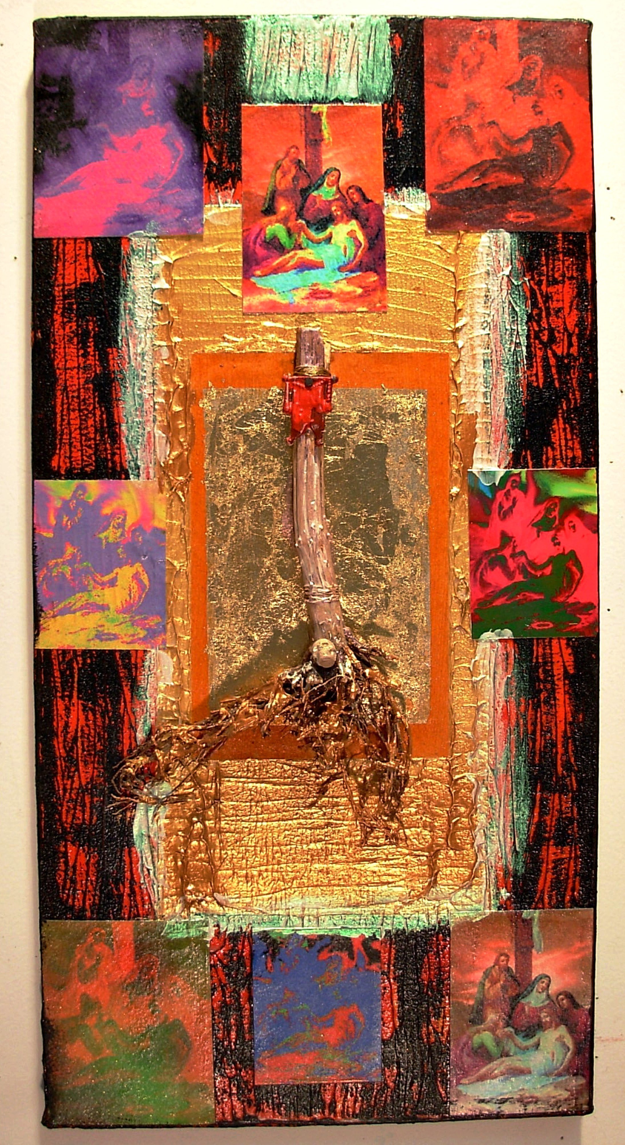 Jerry  Di Falco, 'Body Is Taken From The Cross ', 2007, original Assemblage, 10 x 20  x 3 inches. Artwork description: 15771 Station number THIRTEEN is entitled, CHRIST IS TAKEN DOWN FROM THE CROSS.  This wall assemblage was executed in mixed media on stretched canvas.  On this canvas I attached eight digitally altered photographs.  .  .  that all depict the same scene but in different visual variations.  .  .  around a sunflower stem ...