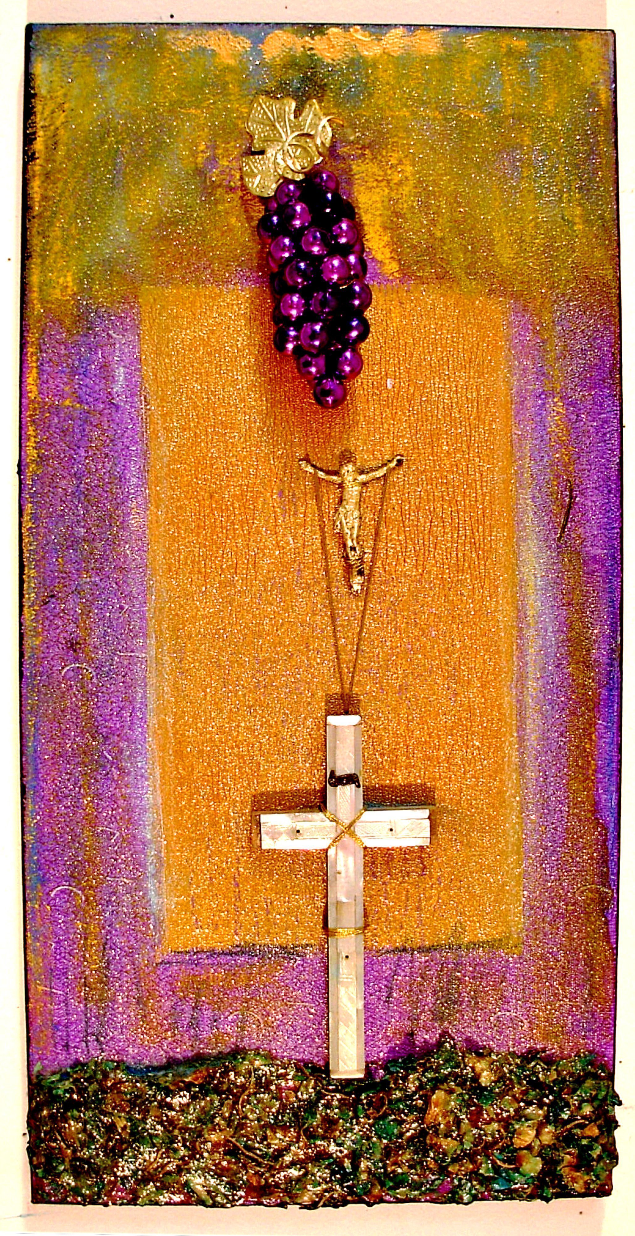 Jerry  Di Falco, 'Jesus Dies On The Cross ', 2007, original Assemblage, 10 x 20  x 3 inches. Artwork description: 15771 Station number TWELVE is entitled, CHRIST SURRENDERS HIS SPIRIT.  This wall assemblage was executed in mixed media on stretched canvas.  My materials for this work included thread, wood, primed canvas, glass, plastic, found objects, dry pastels, gold dust, mother of pearl, acrylic paint, acrylic gel, fixatives, and ...