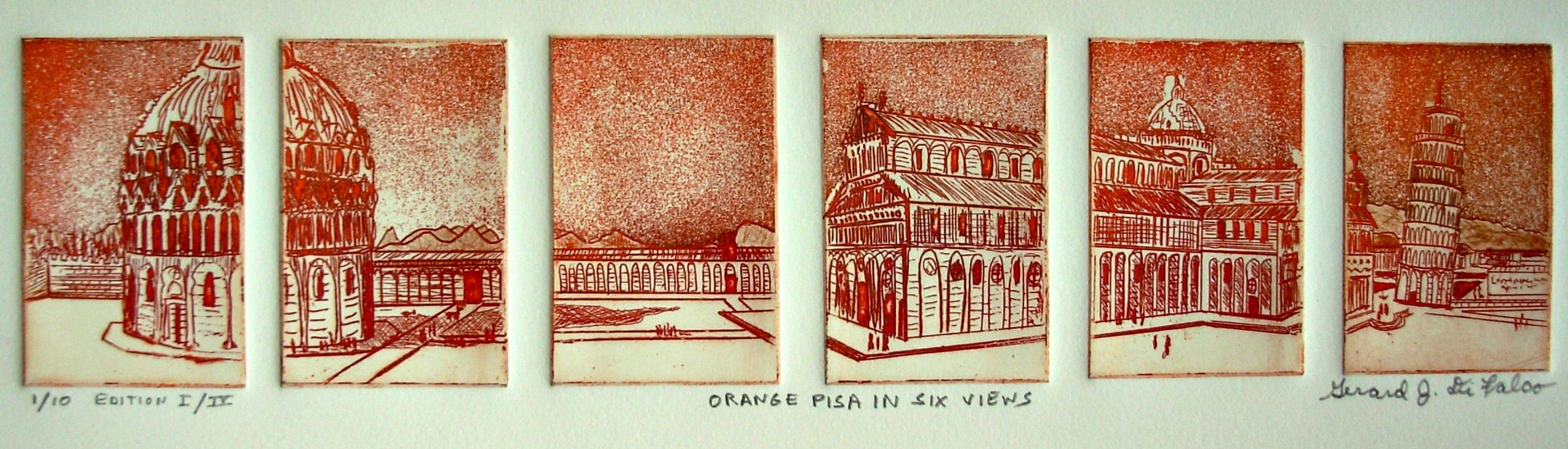 Jerry  Di Falco, 'ORANGE PISA IN SIX VIEWS', 2013, original Printmaking Etching, 22 x 7  x 0.5 inches. Artwork description: 13791 This multiple plate etching takes its inspiration from a photo in The US Library of Congress, Print and Picture Department, Washington, DC, The Panoramic Photograph Collection. This Gelatin Silverprint, which was taken in 1909 by The Moffett Studios, depicts several Pisa landmarks including The Leaning Tower, Baptistery, ...