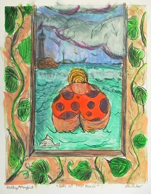 Jerry  Di Falco, 'Sofi At The Beach', 2019, original Printmaking Monoprint, 16 x 20  x 1 inches. Artwork description: 4683 This monoprint began as an etched image on plexiglass, and was finished with gouache and watercolor.  It is a one of a kind work and was inspired by an oil- painting on canvas that I created in 1979 entitled, SOFI.  The image of a zoftig sunbather bending ...