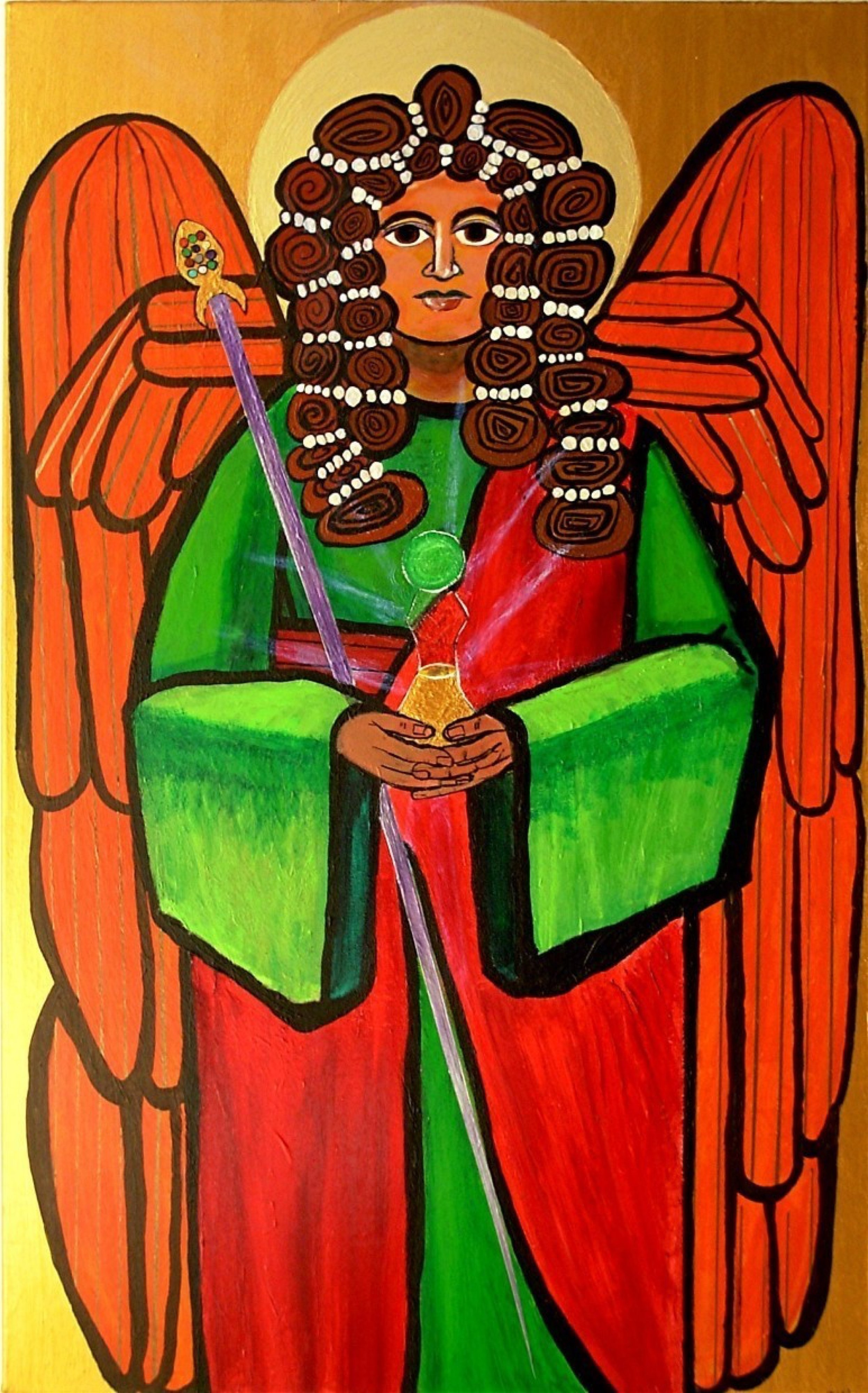 Jerry  Di Falco, 'The Archangel Raphael Wit...', 2007, original Painting Acrylic, 30 x 48  x 2 inches. Artwork description: 15771 This painting has been in my personal collection for twelve years, and I decided to put it on the market in the year 2018. I painted this icon of the Archangel Raphael as a personal prayer to the universe, and I would now like it to hang ...