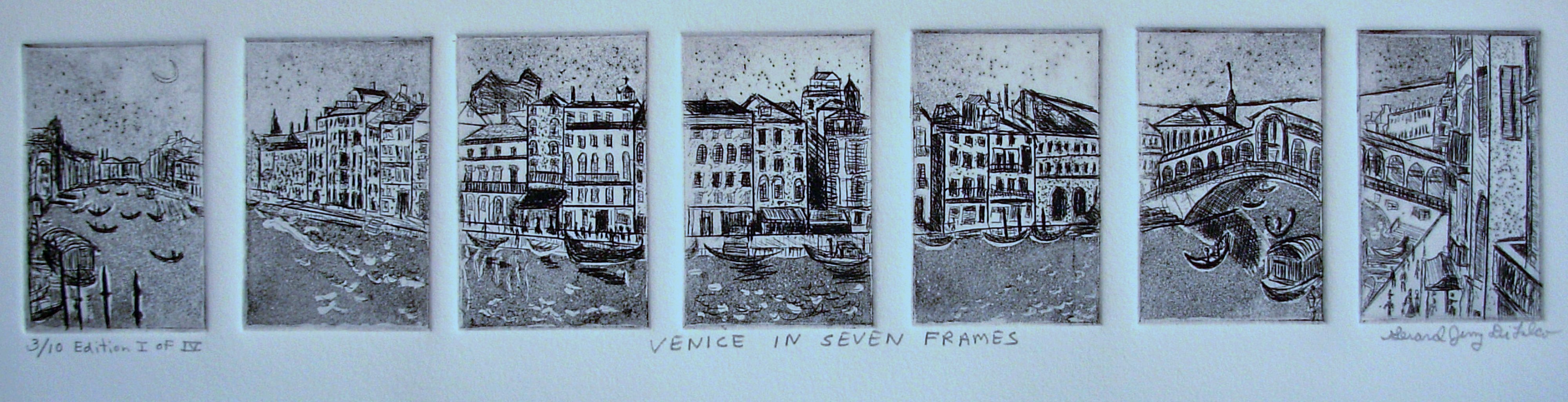Jerry  Di Falco, 'Venice In Seven Frames', 2011, original Printmaking Etching, 22 x 8  x 0.5 inches. Artwork description: 13791 This exquisite etching takes its inspiration from a photo taken in 1909 by The Moffett Studios. I discovered the print while researching imagery at The US Library of Congress, Print and Picture Department, Washington, D. C. , from The Panoramic Photograph Collection. I created a multiple, rectangular shaped ...