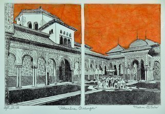 Jerry  Di Falco, 'Alhambra Orange', 2019, original Printmaking Etching, 21 x 17  x 1 inches. Artwork description: 5079 I employed the studio techniques of intaglio, drypoint, chine colle, and aquatint on two individual zinc plates to create this haunting etching.  The scene is based on a few drawings I executed that were based upon my original photo taken in 1987.  The scene features the Moorish- ...