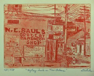 Jerry  Di Falco, 'Big Easy', 2019, original Printmaking Etching, 14 x 11  x 1 inches. Artwork description: 5079 Full Title isBIG EASY, SAULS IN NEW ORLEANS.  This zinc plate etchingintaglio, aquatint, and drypointrequired three separate Nitric acid baths and plate workings.  The image size, the the size of the etching plate, is six inches high by eight inches wide.  The frame is 11 by 14 ...