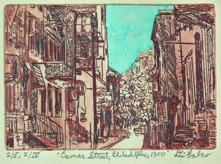 Jerry  Di Falco, 'Camac Street In 1950', 2018, original Printmaking Etching, 14 x 11  x 1 inches. Artwork description: 5475 PLEASE NOTE THAT THIS WORK INCLUDES A BLACK, WOOD FRAME AND WHITE, ACID FREE MAT.  Jerry Di FalcoaEURtms original etching was created using one zinc plate etched in Nirtic acid.  The work is limited to only FOUR Editions, and each hand printed edition is limited to ...