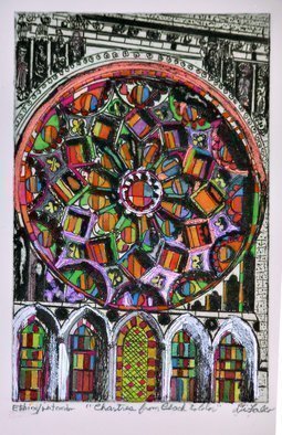 Jerry  Di Falco, 'Chartres From White To Color', 2020, original Watercolor, 12 x 16  x 1 inches. Artwork description: 3099 This optical and kaleidoscopic image is a unique work of art that combines printmaking with painting.  The work, which originated from one of my etching proofs, is done on RivesBFK white paper and mounted on an acid free blotting paper.  The other media include watercolors, gouache, etching ...