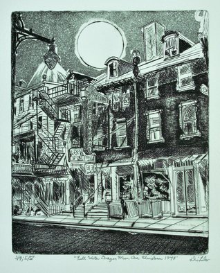 Jerry  Di Falco, 'Chinatown 1948', 2019, original Printmaking Etching, 20 x 28  x 1 inches. Artwork description: 3891 Actual title for this etching isFULL WATER DRAGON MOON OVER CHINATOWN, 1948 .This etching employs the studio techniques of aquatint, intaglio, and drypoint.  The zinc etching plate used measured ten inches high by eight inches wide, which is consequently also the image size.  French, oil base inkCharbonnel ...