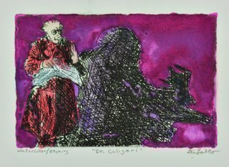 Jerry  Di Falco, 'Doctor Caligary', 2020, original Printmaking Etching, 12 x 9  x 1 inches. Artwork description: 3099 Ships without mat or frame.  This work by Di Falco is a Mixed media and mixed genre creation that employed the use of printmakingetching on a zinc plate developed in Nitric acid baths and painting watercolors and gouache.  It depicts a scene from the 1920 silent horror ...