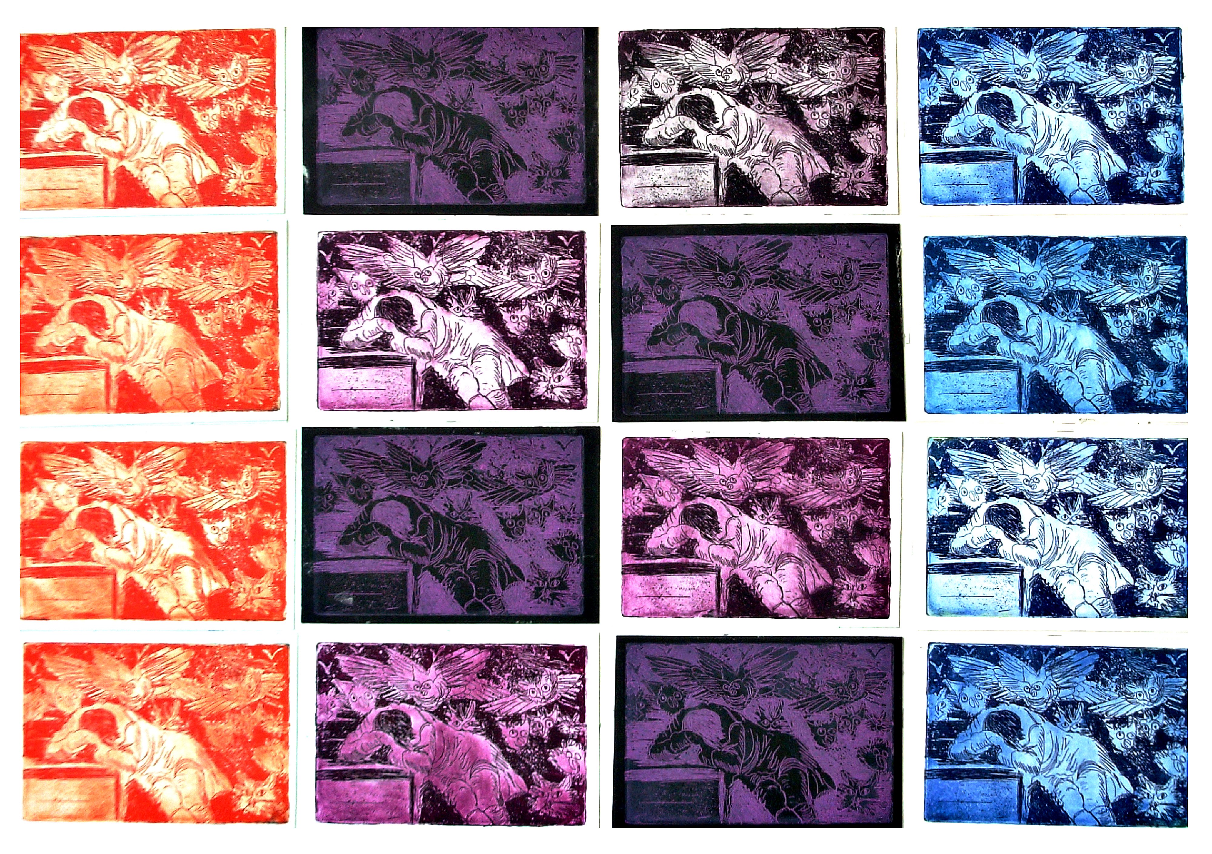 Jerry  Di Falco; Goya In Sixteen Dreams, 2021, Original Printmaking Etching, 30 x 22 inches. Artwork description: 241 This one of a kind work is my statement about the brain dead people who refuse to get vaccinated against the COVID virus.  This mixed media montage is a combination of collage and printmaking.  Sixteen individual prints created from a zinc plate etching developed in Nitric Acid ...