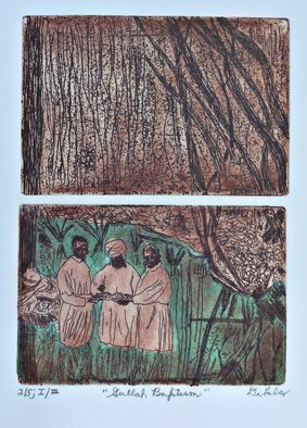 Jerry  Di Falco; Gullah Baptism, 2021, Original Printmaking Etching, 11 x 15 inches. Artwork description: 241 DiFalcoaEURtms inspiration for this enigmatic work began during his research into the Gullah People, a community of freed and escaped African American slaves that settled on islands off South CarolinaaEURtms Coast long before slaveryaEURtms was end.  These people developed their own Creole culture and ...