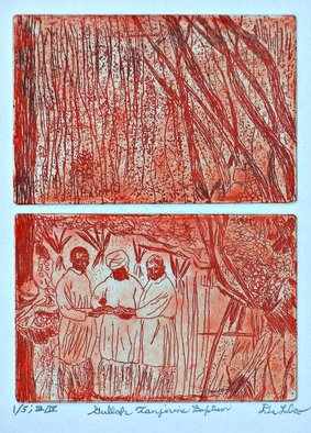 Jerry  Di Falco; Gullah Tanjerine Baptism, 2021, Original Printmaking Etching, 12 x 16 inches. Artwork description: 241 EDITION THREE.  Di FalcoaEURtms driving force behind this series originated with his research into the Gullah, a community of freed and escaped African American slaves that settled on the unexplored islands off South CarolinaaEURtms Coast. The Gullah People began settling here long before slaveryaEURtms ...