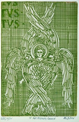 Jerry  Di Falco, 'I Am Seraph Green', 2019, original Printmaking Etching, 13 x 17  x 1 inches. Artwork description: 5475 This hand printed intaglio etching depicts a Seraph.  The work pictured here is from the LAST EDITION of FOUR, OR IV IV, which is limited to only five prints.  I executed the work on a zinc plate covered with hard ground and etched the plate twice in ...