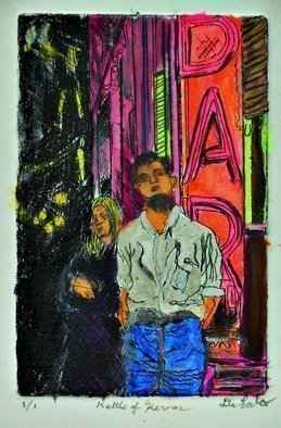 Jerry  Di Falco; Kerouac, 2021, Original Mixed Media, 10 x 13 inches. Artwork description: 241 Gerard DiFalco created this original, one of a kind work by combining the genres of printmaking and painting.  He began the process by taking an artistaEURtms proof from a new intaglio and aquatint etchings and then enhancing it with watercolors.  The work depicts Jack Kerouac and ...
