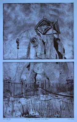 Jerry  Di Falco, 'Lucy In Black And Blue', 2020, original Printmaking Etching, 18 x 24  x 1 inches. Artwork description: 3495 This is the third and final edition of this double plate etching, which was printed manually in 2020 by the artist at The Center For Works on Paper, 705 Christian Street in Philadelphia Pennsylvania, at the Fleisher Art School Campus, 700 Block of Catharine Street.  The edition ...