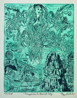 Jerry  Di Falco, 'Magdalen In Emerald City', 2019, original Printmaking Etching, 16 x 20  x 1 inches. Artwork description: 4287 This hand printed etching by Di Falco, based on three of his pencil and powdered graphite drawings, was originally inspired by an illustration in THE SFORZA HOURS, which is from the British Library Collection, London, Add.  MS 34294.  Media for this Second Edition includes a created blend ...