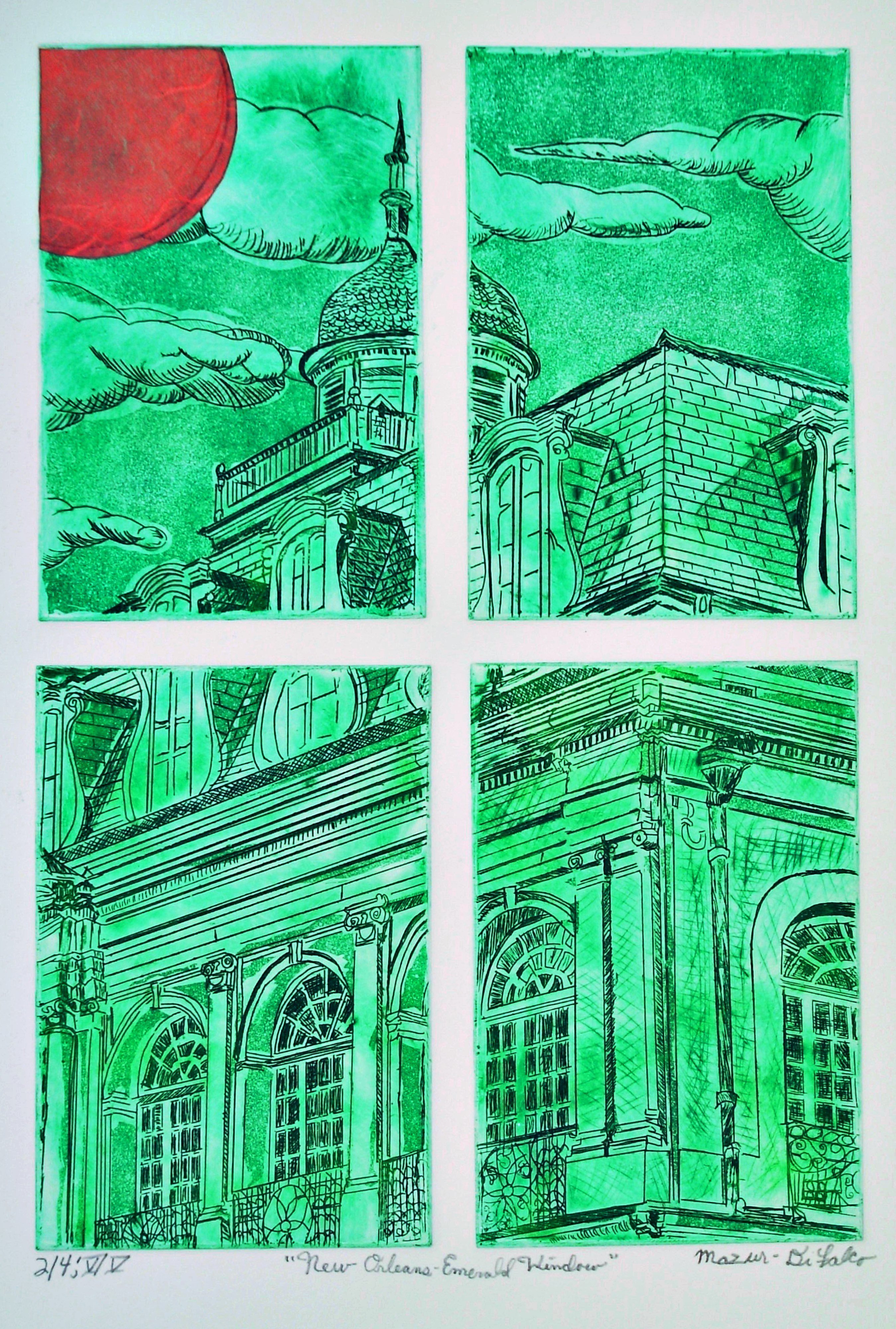 Jerry  Di Falco, 'New Orleans Emerald Window', 2019, original Printmaking Intaglio, 18 x 24  inches. Artwork description: 4683 Jerry Mazur- DiFalco created this distinctive etching via the employment of four separate zinc plates, which were placed simultaneously on the printing press bedaEUR
