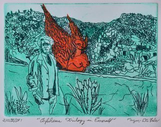 Jerry  Di Falco, 'Orpheus Trilogy In Emerald', 2019, original Printmaking Etching, 14 x 11  inches. Artwork description: 4683 The studio techniques of Chine Colle, Drypoint, Intaglio, and Aquatint were employed in this etching.  DiFalco used the media of oil base etching ink from Paris, RivesBFK white paper, and mulberry bark paper from Thailand that was treated with methyl cellulose and infused with kozo threads from ...