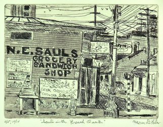 Jerry  Di Falco, 'Sauls In The French Quarter', 2019, original Printmaking Etching, 14 x 11  x 1 inches. Artwork description: 5079 I based this 1920 New Orleans scene on two of my original drawings, both of which were inspired by a digital image from the New York City Public Library s photo collection.  The cityscape features SAULS corner grocery store in the French Quarter.  Moreover, my visual elements ...
