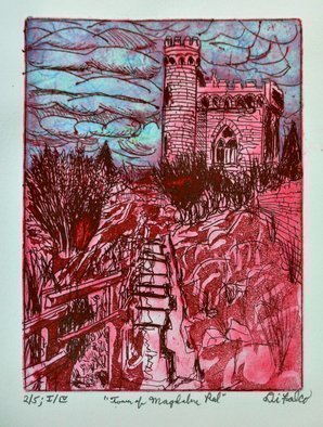 Jerry  Di Falco, 'Tower Of Magdalen', 2019, original Printmaking Etching, 11 x 14  x 1 inches. Artwork description: 3891 This architectural image is adapted from a photograph that I shot in 1987, which I then translated into three pencil drawings before beginning my etching on a zinc plate.  The work features the mysterious Tower Of Mary Magdalene in the South of France.  It highlights the mesmerizing ...
