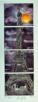 Jerry  Di Falco, 'Violet Paris', 2020, original Mixed Media, 10 x 18  x 0.1 inches. Artwork description: 3495 FRAME measures about 26 inches high by 12 inches wide.  This work incorporates the genres of printmaking and painting.  It is an etching that was enhanced with gouache and watercolors.  The media for this multiple zinc plate etching includes RivesBFK paper, a blend of oil based ink.  ...