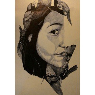 Gilang Al Fuad; Girl And The Birds, 2015, Original Drawing Pen, 21.9 x 28.5 cm. Artwork description: 241  sketch illustration potrait about free will ...